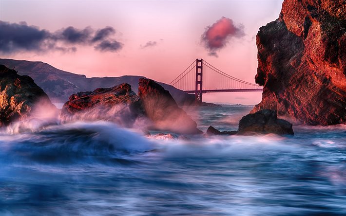 Il Golden Gate Bridge, San Francisco, Golden Gate, Oceano Pacifico, sera, tramonto, USA