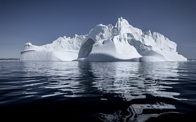 iceberg, oc&#233;ano, t&#233;mpano de hielo, el mar, las olas, el cielo azul, gran iceberg, Groenlandia
