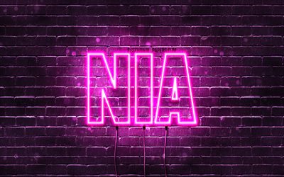 Nia, 4k, pap&#233;is de parede com os nomes de, nomes femininos, Nia nome, roxo luzes de neon, texto horizontal, imagem com Nia nome