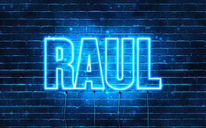 Raul, 4k, taustakuvia nimet, vaakasuuntainen teksti, Raul nimi, blue neon valot, kuva Raul nimi