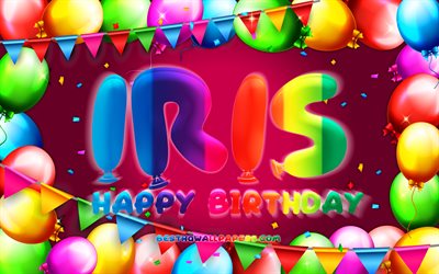 happy birthday iris, 4k, bunte ballon-frame, iris name, lila hintergrund, iris-happy birthday, iris geburtstag, beliebten spanischen weiblichen vornamen, geburtstag-konzept, iris