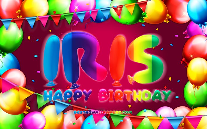 Happy Birthday Iris, 4k, colorful balloon frame, Iris name, purple background, Iris Happy Birthday, Iris Birthday, popular spanish female names, Birthday concept, Iris