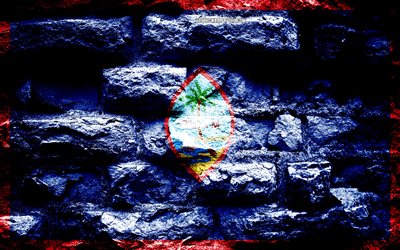 Guam bandeira, grunge textura de tijolos, Bandeira de Guam, bandeira na parede de tijolos, Guam, bandeiras da Oce&#226;nia pa&#237;ses
