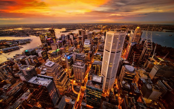 4k, Sydney, sunset, moderneja rakennuksia, panorama, Australia, Sydney auringonlaskun aikaan