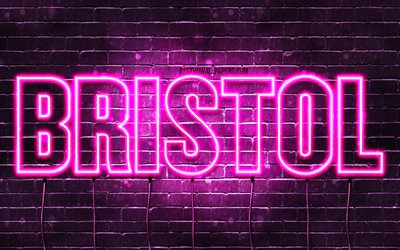 Bristol, 4k, des fonds d&#39;&#233;cran avec des noms, des noms f&#233;minins, Bristol nom, de violet, de n&#233;ons, le texte horizontal, image avec Bristol nom