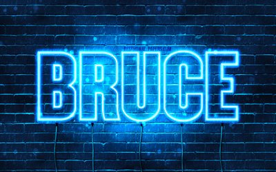 Bruce, 4k, fondos de pantalla con los nombres, el texto horizontal, Bruce nombre, luces azules de ne&#243;n, foto con Bruce nombre