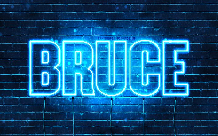 Bruce, 4k, taustakuvia nimet, vaakasuuntainen teksti, Bruce nimi, blue neon valot, kuva jossa Bruce nimi