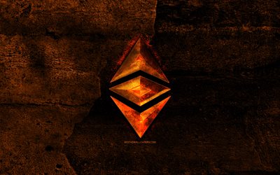 Ethereum fiery logo, orange stone background, creative, Ethereum logo, cryptocurrency, Ethereum