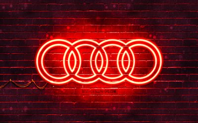 Audi赤ロゴ, 4k, 赤brickwall, ディロゴ, 車ブランド, Audiネオンのロゴ, Audi