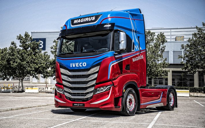 Iveco S-FORMA Magirus Concepto de 2019, vista de frente, exterior, azul-rojo S-FORMA Magirus, italiano camiones, Iveco