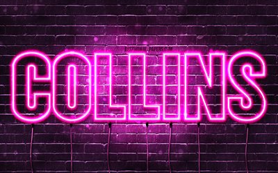 Collins, 4k, wallpapers with names, female names, Collins name, purple neon lights, horizontal text, picture with Collins name