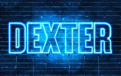 Dexter, 4k, fondos de pantalla con los nombres, el texto horizontal, Dexter nombre, luces azules de ne&#243;n, de la imagen con el nombre de Dexter