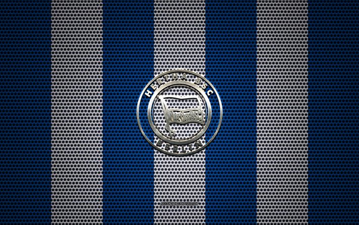 Hertha BSC-logo, Saksalainen jalkapalloseura, metalli-tunnus, sininen valkoinen metalli mesh tausta, Hertha BSC, Bundesliiga, Berliini, Saksa, jalkapallo, Hertha Berlin