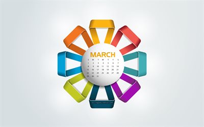 2020 Calendario de Marzo, coloridos 3d flor, 2020 primavera calendarios, fondo gris, Marzo, arte 3d, de Marzo de 2020 Calendario, calendarios 2020