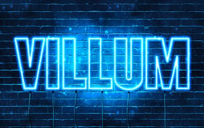 Villum, 4k, pap&#233;is de parede com nomes, nome Villum, luzes de neon azuis, Feliz Anivers&#225;rio Villum, nomes masculinos dinamarqueses populares, foto com nome Villum