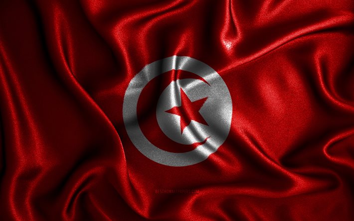 Tunisian lippu, 4k, silkki aaltoilevat liput, Afrikan maat, kansalliset symbolit, kangasliput, 3D-taide, Tunisia, Afrikka, Tunisian 3D-lippu