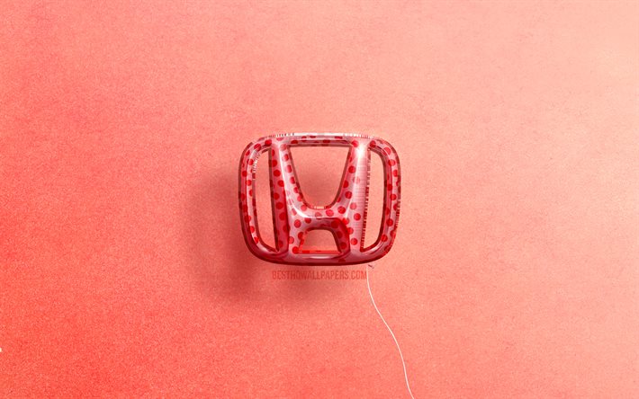 4K, logo Honda 3D, opere d&#39;arte, marchi di auto, palloncini realistici rosa, logo Honda, sfondi rosa, Honda