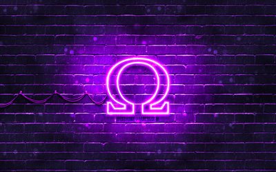 Logo viola Omega, 4k, muro di mattoni viola, logo Omega, marchi di moda, logo al neon Omega, Omega