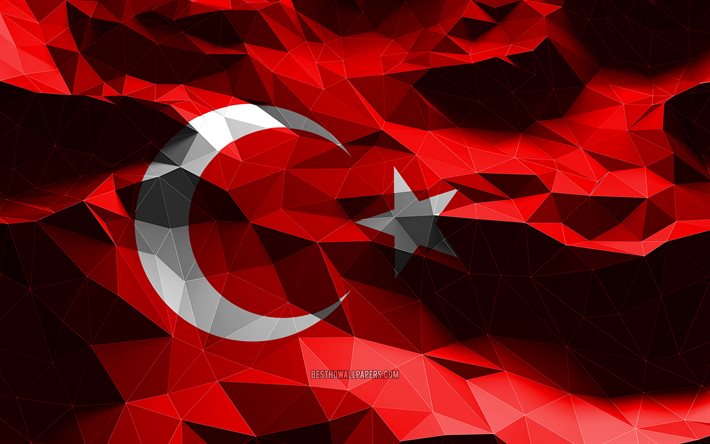 4k, drapeau turc, art low poly, pays europ&#233;ens, symboles nationaux, drapeau de la Turquie, drapeaux 3D, Turquie, Europe, drapeau 3D de la Turquie
