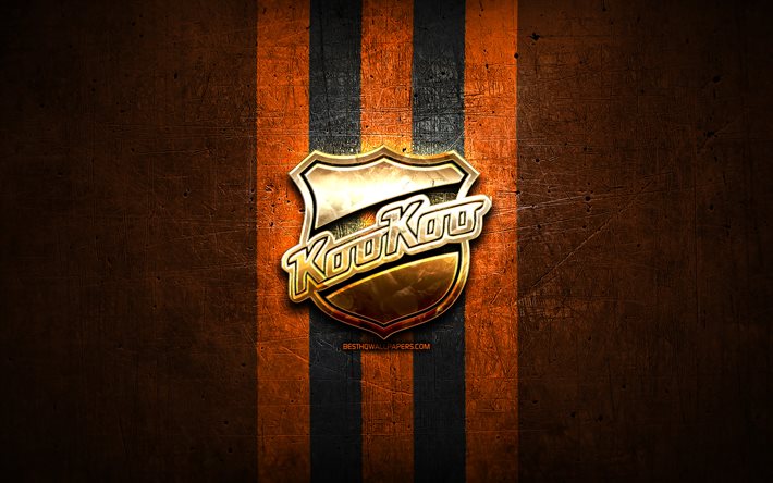 KooKoo, logotipo dourado, Liiga, fundo de metal laranja, time finland&#234;s de h&#243;quei, liga finlandesa de h&#243;quei, logotipo KooKoo, h&#243;quei