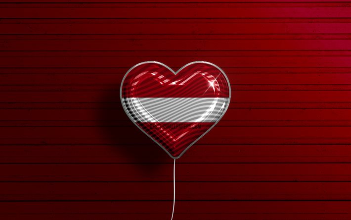 I Love Latvia, 4k, realistic balloons, red wooden background, Latvian flag heart, Europe, favorite countries, flag of Latvia, balloon with flag, Latvian flag, Slovenia, Love Latvia