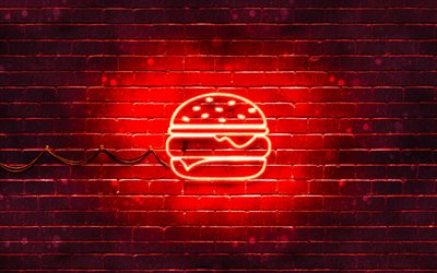 Hamburger neon icon, 4k, red background, neon symbols, Hamburger, creative, neon icons, Hamburger sign, food signs, Hamburger icon, food icons