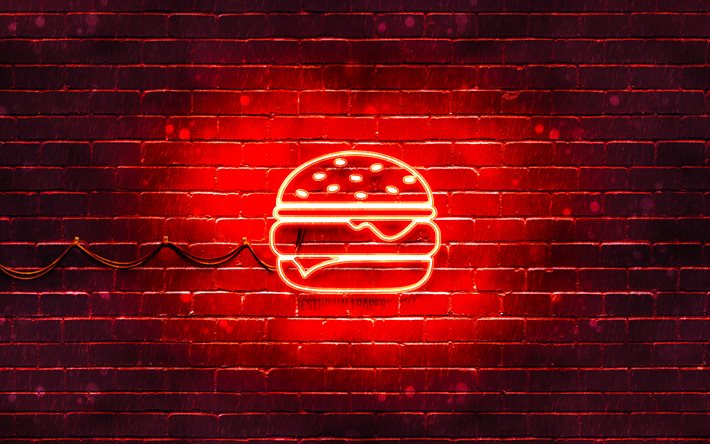 Hamburger neon simgesi, 4k, kırmızı arka plan, neon semboller, Hamburger, yaratıcı, neon simgeler, Hamburger işareti, yemek işaretleri, Hamburger simgesi, yemek simgeleri