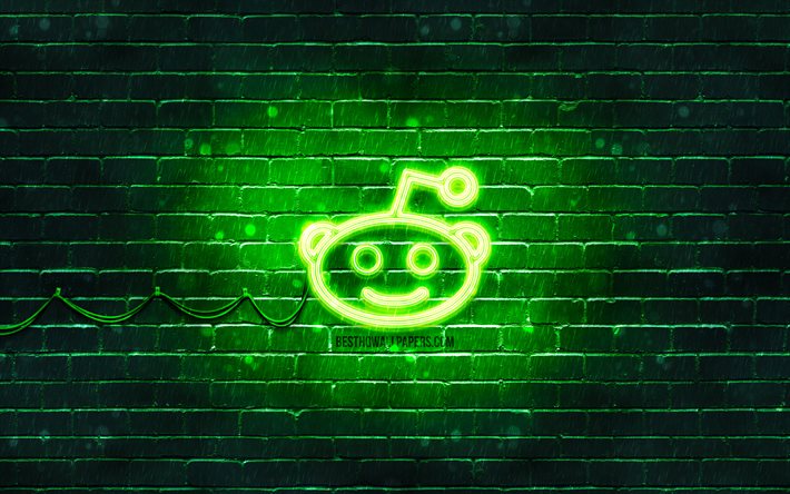 Redditの緑のロゴ, 4k, 緑のブリックウォール, Redditロゴ, ソーシャルネットワーク, Redditネオンロゴ, Reddit