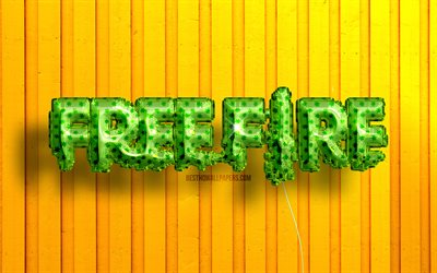 Logo Garena Free Fire 3D, 4K, palloncini realistici verdi, logo Free Fire, sfondi in legno gialli, logo Garena Free Fire, GFF, creativo, Garena Free Fire