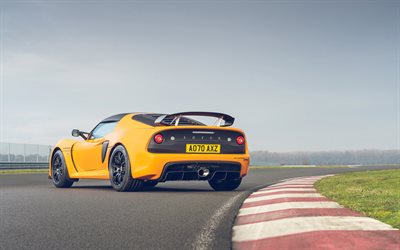 Lotus Exige, Sport 390 Final Edition, 2021, 4k, rear view, exterior, yellow racing car, tuning Exige, new yellow Exige, race track, British sports cars, Lotus