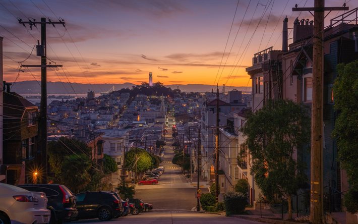 San Francisco, California, akşam, sokaklar, g&#252;n batımı, San Francisco şehir manzarası, evler, ABD