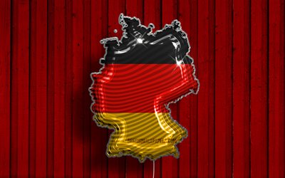 Mapa de balões realistas da Alemanha, 4k, Silhueta da Alemanha, mapas 3D, mapa da Alemanha, bandeira alemã, fundo de madeira vermelho, balão com mapa alemão, criativo, Mapa da Alemanha 3D, mapa alemão