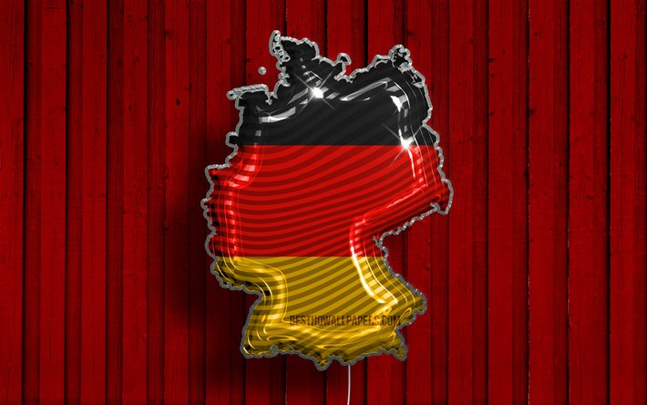 Germany Realistic Balloons map, 4k, Silhouette of Germany, 3D maps, Germany map, german flag, red wooden background, balloon with german map, creative, map of Germany, 3D Germany Map, german map