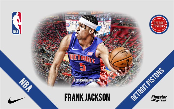 Frank Jackson, Detroit Pistons, American Basketball Player, NBA, portrait, USA, basketball, Little Caesars Arena, Detroit Pistons logo