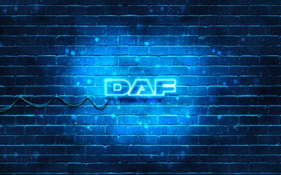 DAF blue logo, 4k, blue brickwall, DAF logo, cars brands, DAF neon logo, DAF