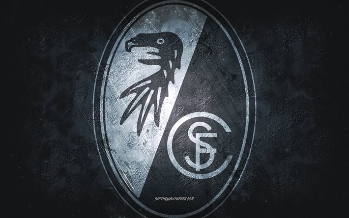 SC Freiburg, club de football allemand, fond de pierre noire, logo SC Freiburg, art grunge, Bundesliga, football, Allemagne, embl&#232;me de SC Freiburg