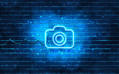 Icona al neon della fotocamera, 4K, sfondo blu, simboli al neon, fotocamera, creativo, icone al neon, segno della fotocamera, segni di tecnologia, icona della fotocamera, icone di tecnologia