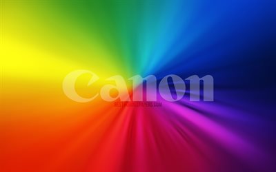 Canon logo, 4k, vortex, rainbow backgrounds, creative, artwork, brands, Canon