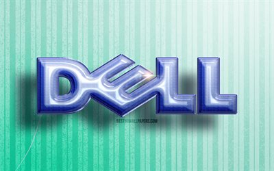 4k, logo Dell 3D, ballons r&#233;alistes bleus, marques, logo Dell, arri&#232;re-plans en bois bleus, Dell
