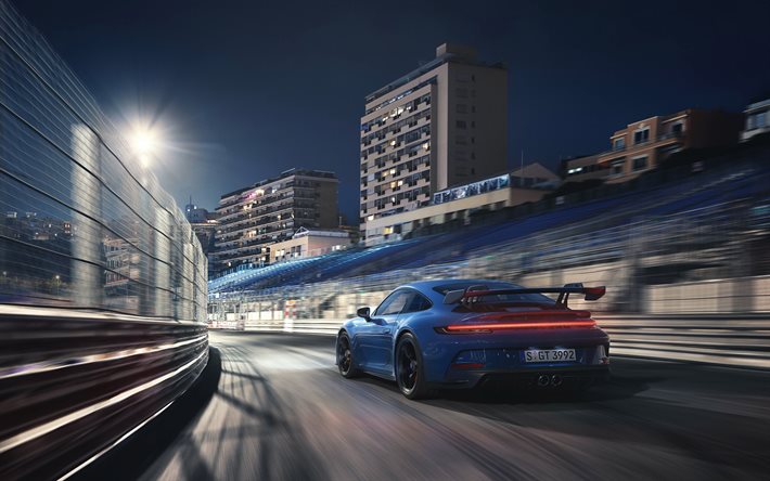 2022, Porsche 911 GT3, bakifr&#229;n, exteri&#246;r, bl&#229; racerbil, ny bl&#229; 911 GT3, tyska sportbilar, Porsche