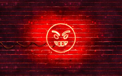 Anger neon icon, 4k, red background, smiley icons, Anger Emotion, neon symbols, Anger, neon icons, Smiley, Anger sign, emotion signs, Anger icon, emotion icons