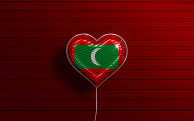 I Love Maldives, 4k, realistic balloons, red wooden background, Asian countries, Maldives flag heart, favorite countries, flag of Maldives, balloon with flag, Maldives flag, Love Maldives