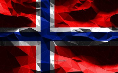 4k, Norwegian flag, low poly art, European countries, national symbols, Flag of Norway, 3D flags, Norway flag, Norway, Europe, Norway 3D flag