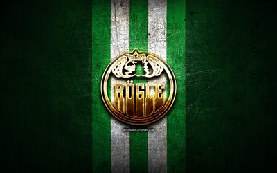 Rogle BK, logo dorato, SHL, sfondo di metallo verde, squadra di hockey svedese, campionato svedese di hockey, logo Rogle BK, hockey, Rogle Bandyklubb