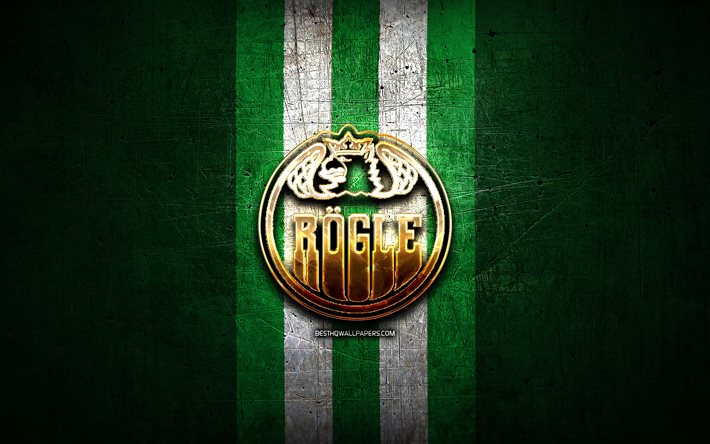 Rogle BK, logotipo dourado, SHL, fundo de metal verde, time sueco de h&#243;quei, Liga Sueca de H&#243;quei, liga sueca de h&#243;quei, logotipo Rogle BK, h&#243;quei, Rogle Bandyklubb