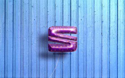 4k, Seat logo, violet realistic balloons, cars brands, Seat 3D logo, blue wooden backgrounds, Seat