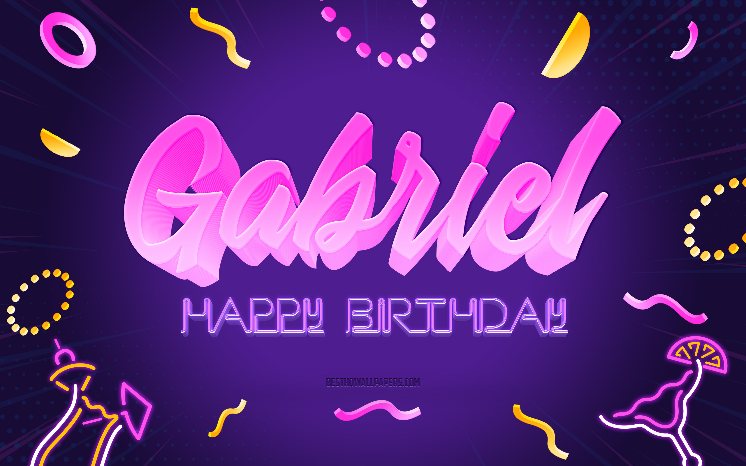 Happy Birthday Gabriel, 4k, Purple Party Background, Gabriel, creative art,...