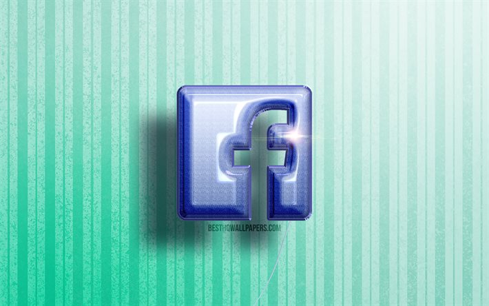 4k, Facebook 3D-logo, siniset realistiset ilmapallot, sosiaalinen verkosto, Facebook-logo, siniset puiset taustat, Facebook