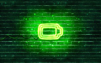 バッテリーフルネオンアイコン, 4k, 緑の背景, ネオン記号, バッテリー充電済, creative クリエイティブ, ネオンアイコン, 技術の兆候, テクノロジーアイコン