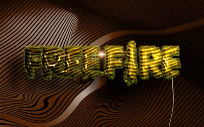 Garena Free Fire 3D logosu, 4K, altın ger&#231;ek&#231;i balonlar, GFF, Garena Free Fire logosu, kahverengi dalgalı arka planlar, Free Fire logosu, Garena Free Fire